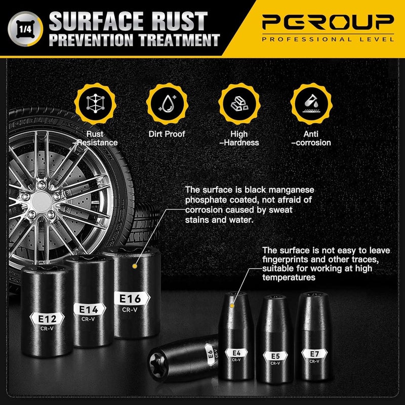 pgroup E-Torx Socket Set with Holder, E4-E20 Female External Sockets, 3/8” 1/4” Drive Inverted Star Socket - Image 4